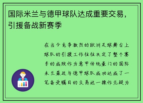 国际米兰与德甲球队达成重要交易，引援备战新赛季