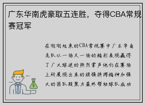 广东华南虎豪取五连胜，夺得CBA常规赛冠军